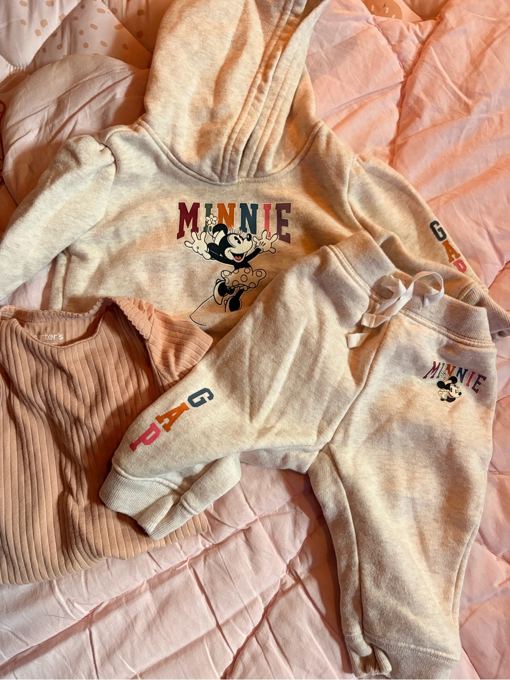 Gap x Disney Minnie Mouse Hoodie & Jogger Set in Light Heather with Pink Accents